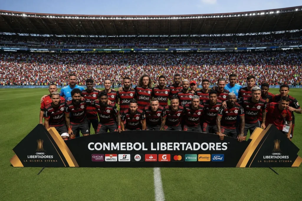 time do flamengo posa para foto oficial para lebertadores 2022
