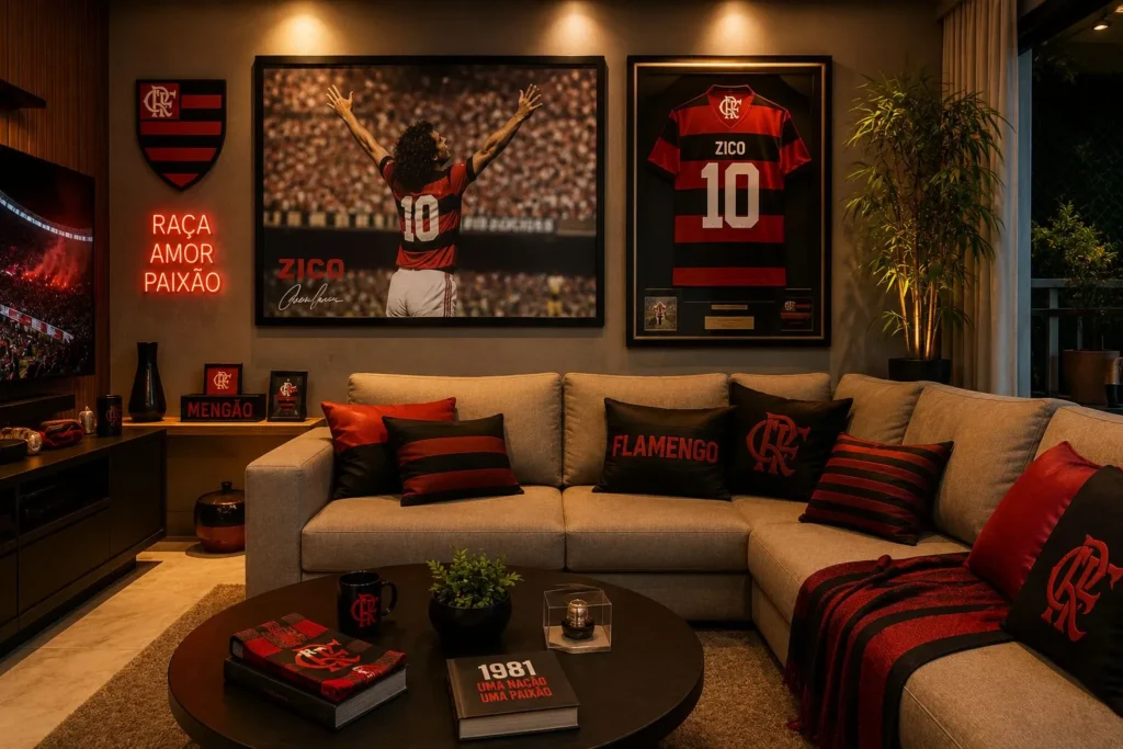 Cantinho do torcedor do Flamengo decorado com quadro de Zico e camisa retrô emoldurada.