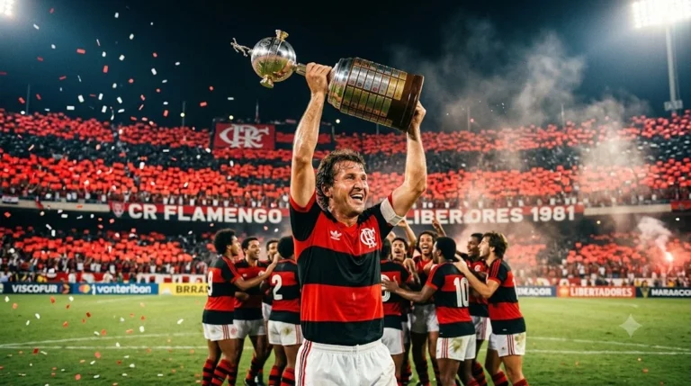 Zico comemorando o título da Libertadores de 1981 pelo Flamengo diante da torcida no Maracanã.